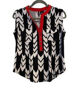 New Directions Petite Blouse Women's PM Black White Red Chevron Sleeveless Top